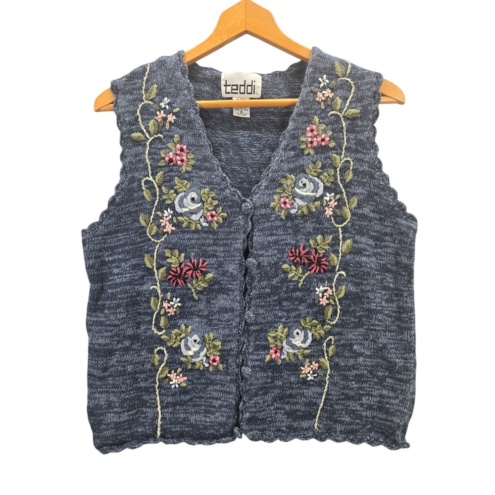 Teddi Vintage Blue Marl Floral Embroidered Knit Sweater Vest Floral S Grandma